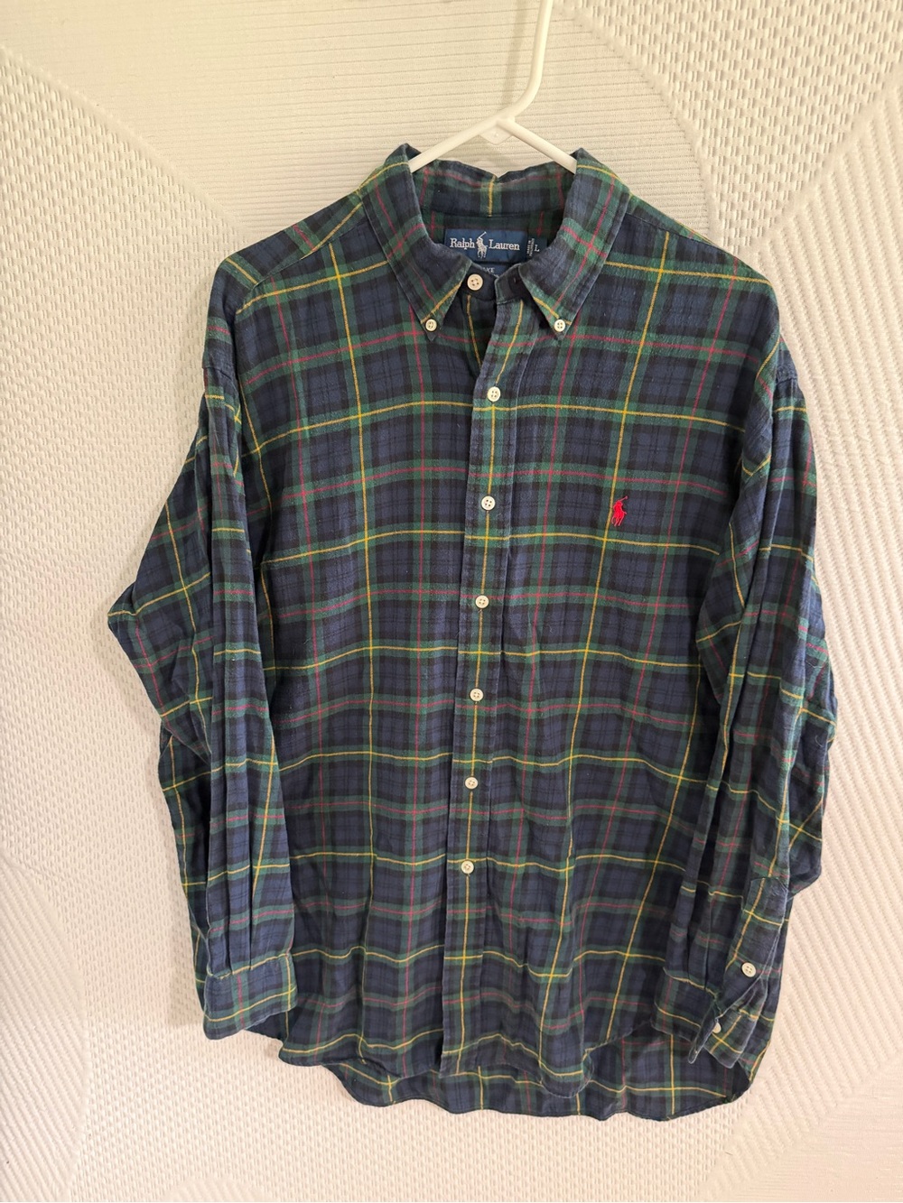 Ralph Lauren Navy and Green Plaid Button-Down Shirt with Red Pony
